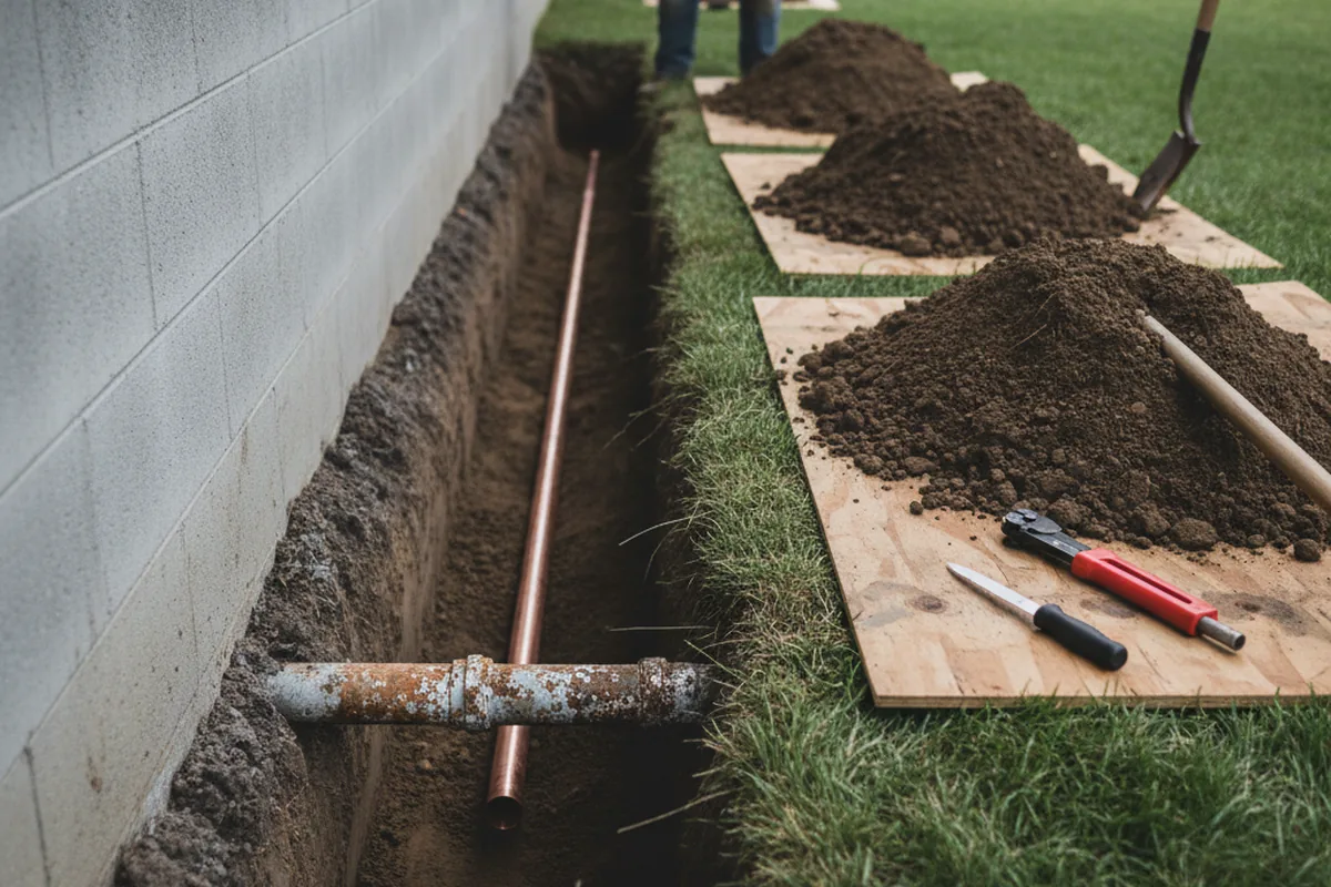 Excavated water line trench during Water Heater Repair in Aragon